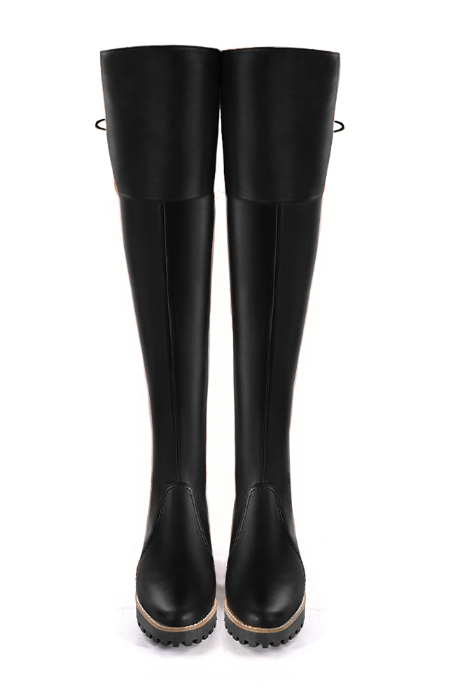 Satin black leather thigh high boots. Round toe. Low rubber soles. Model Madison Cuiss Sport